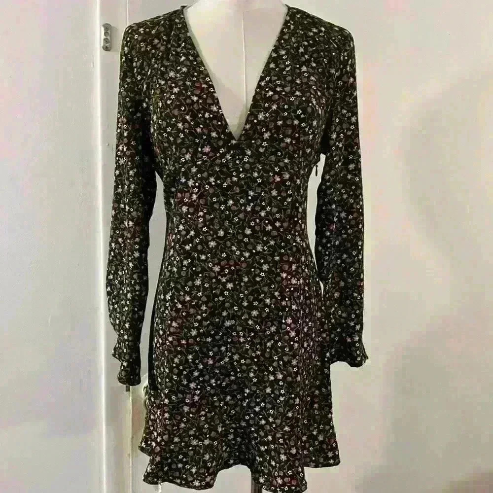 ZARA Floral Print Long sleeve Mini Dress Black Size S